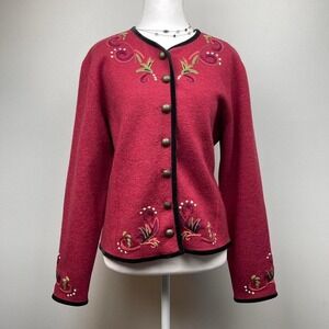 VTG Wool Floral Embroidered Cardigan Red Icelandic Designs Medium Boho Retro